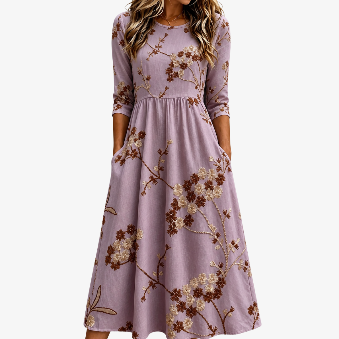 Midi Sukienka w Kwiatowy Wzór z Kieszeniami Heather Meadow