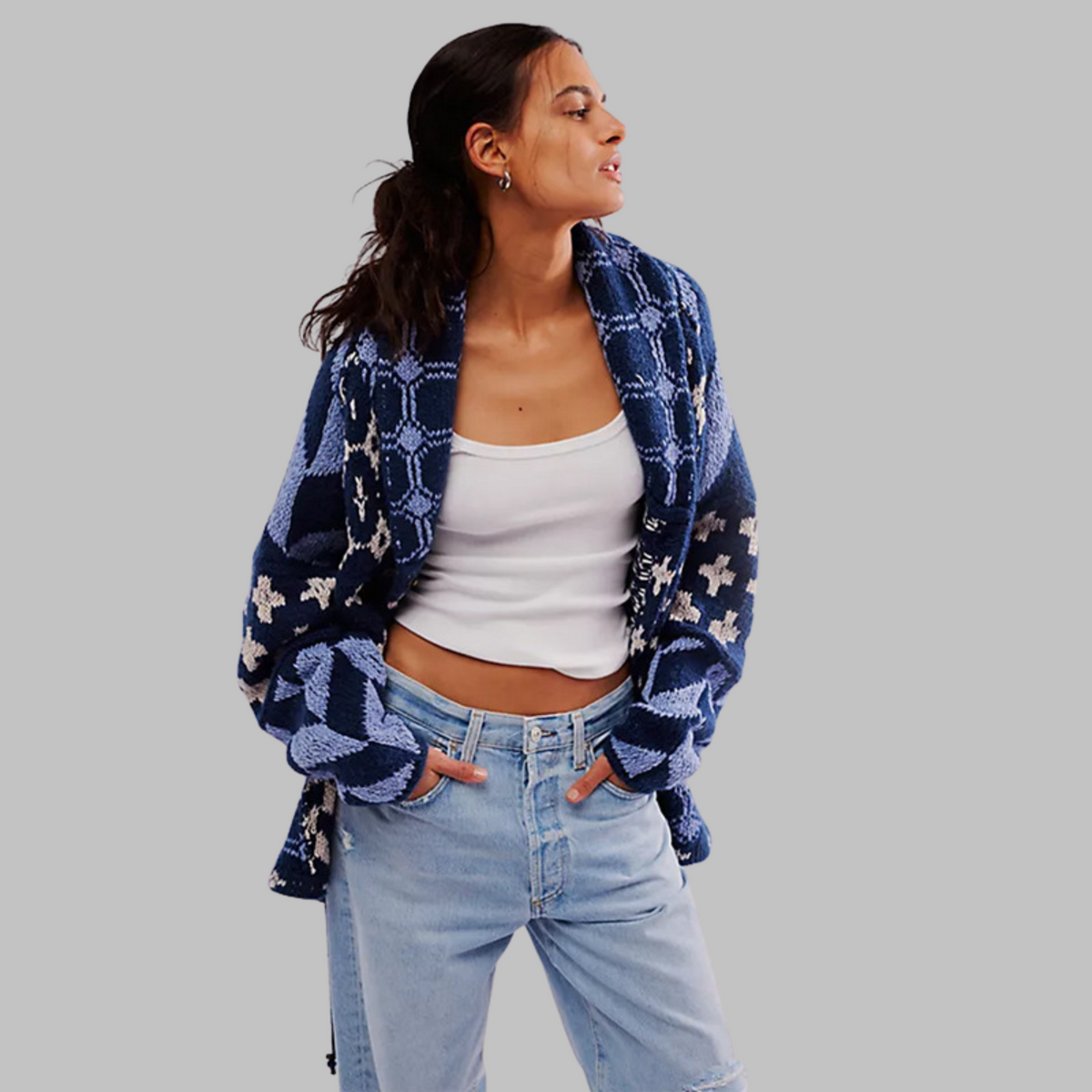 PORTIA™ - Oversize Vintage Kardigan z Długim Rękawem i Guzikowym Kołnierzykiem