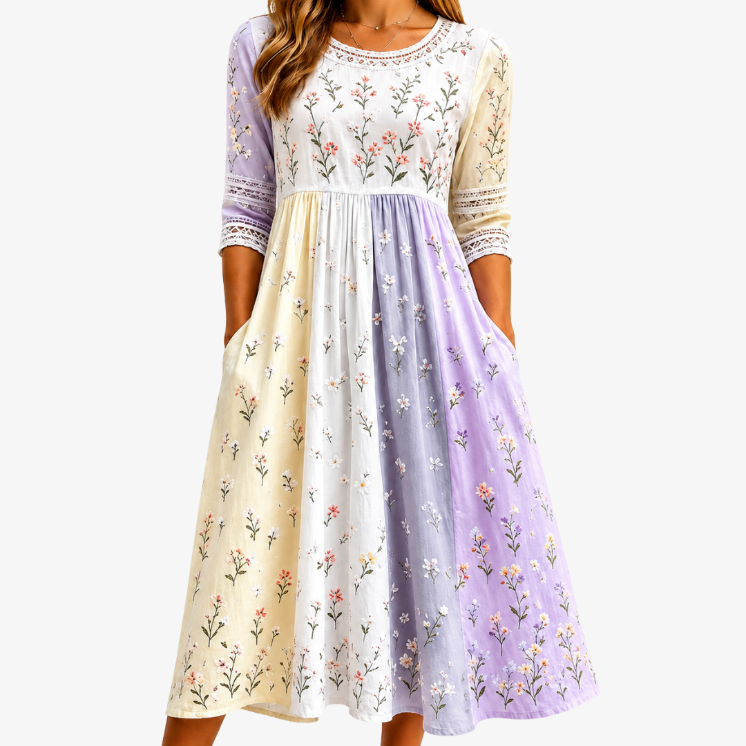 Lawendowa Midi Sukienka w Kwiatowy Patchwork