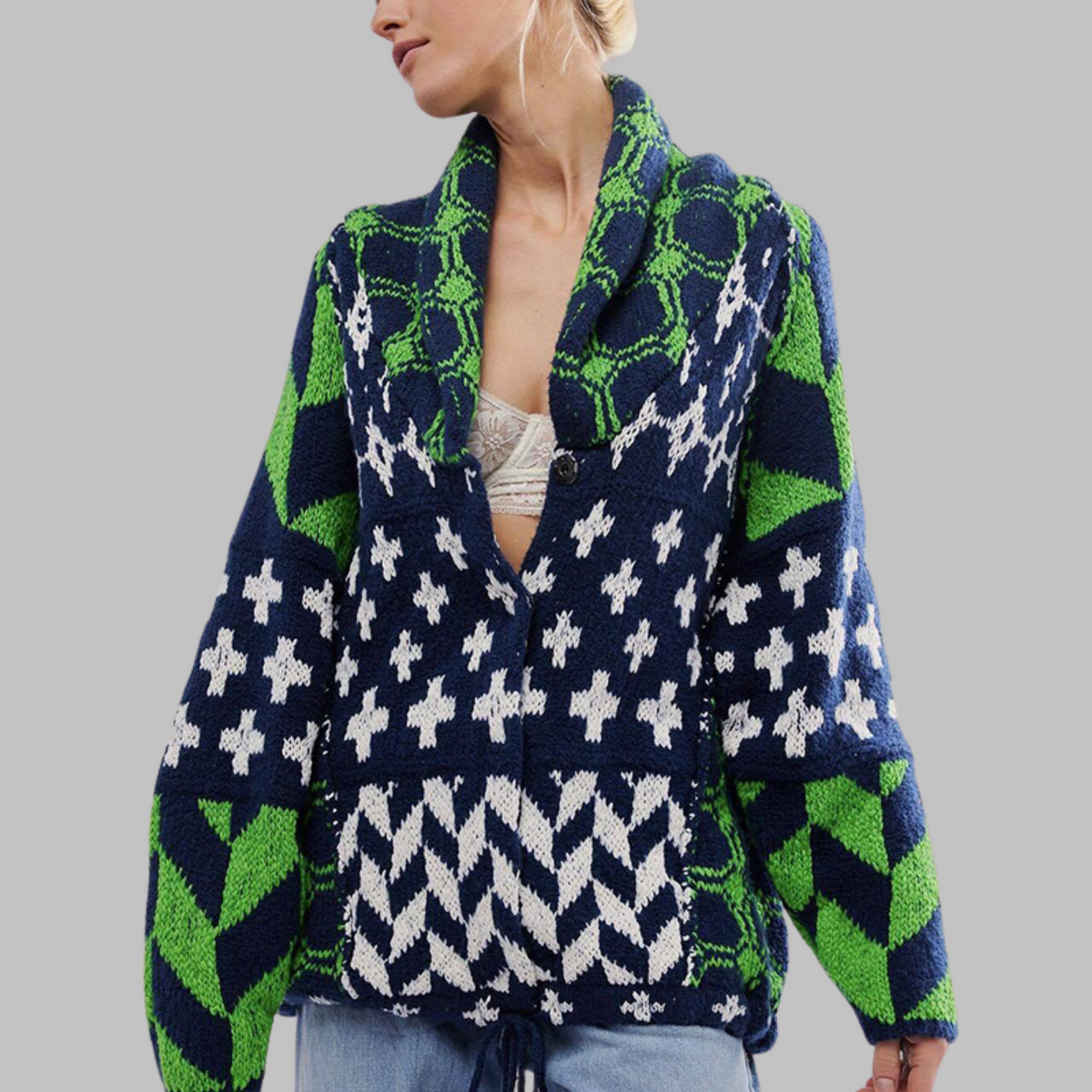 PORTIA™ - Oversize Vintage Kardigan z Długim Rękawem i Guzikowym Kołnierzykiem