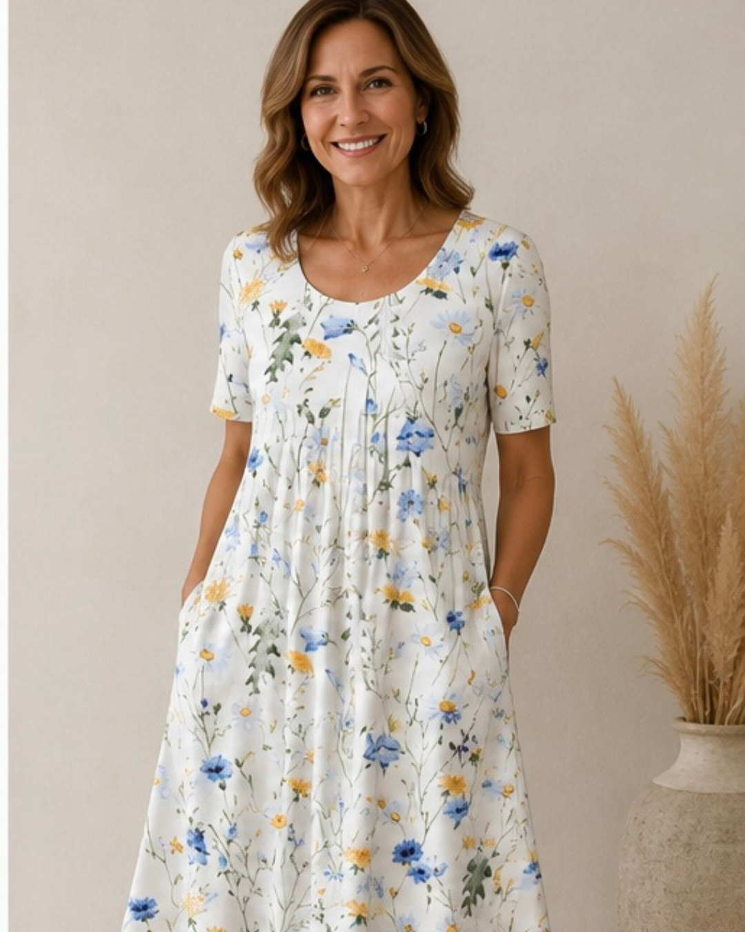 Geneviève | Elegancka Midi Sukienka w Kwiaty