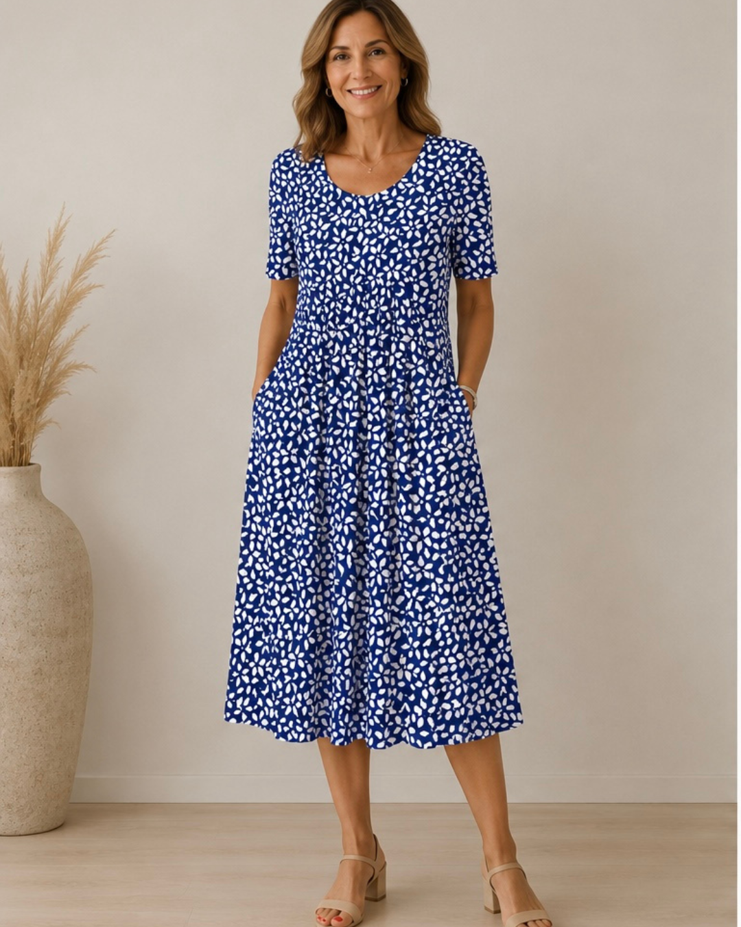 Geneviève | Elegancka Midi Sukienka w Kwiaty