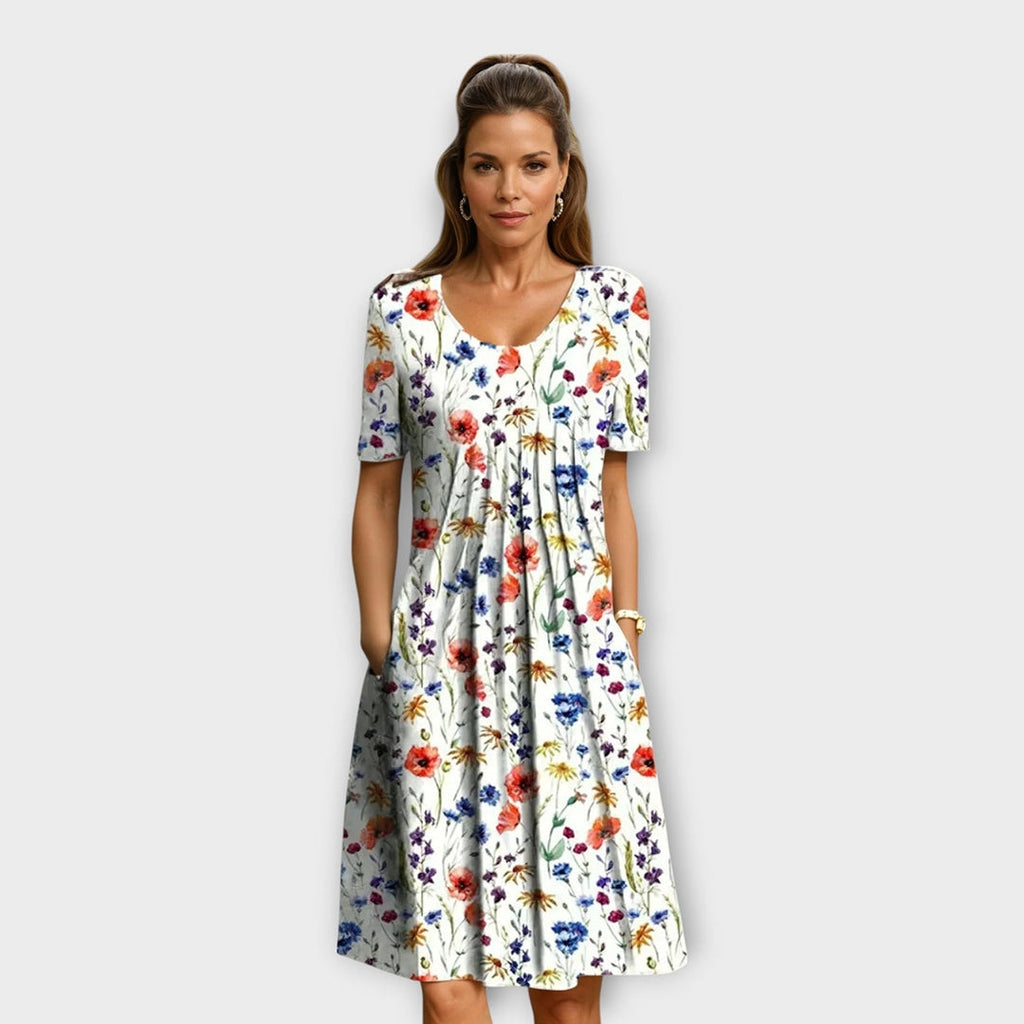 Geneviève | Elegancka Midi Sukienka w Kwiaty
